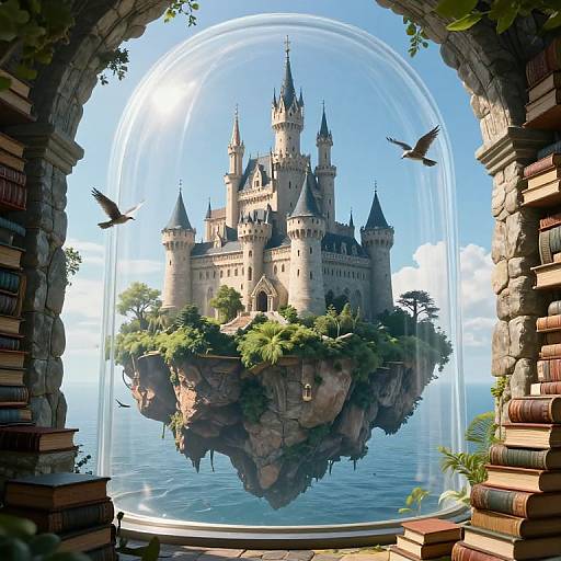 Digital art: Enchanted floating castle with turrets, surrounded by lush greenery, encased in a clear dome, viewed through an archway