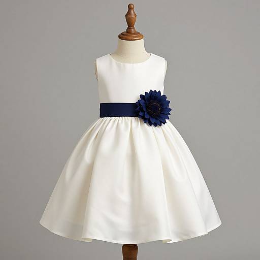 Photograph of a white, sleeveless, knee-length dress with a navy blue waistband and large navy flower embellishment, displayed on a wooden man