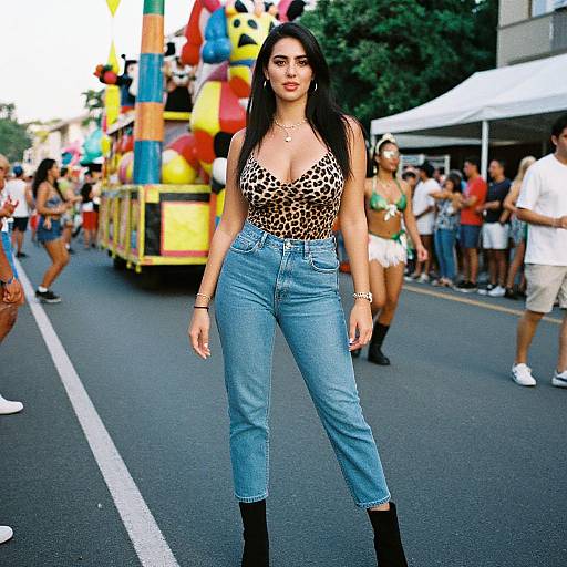Photograph of a confident woman with long black hair, wearing a leopard-print top and high-waisted blue jeans, standing on a busy street during