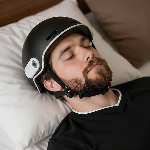 Bearded Man Sleeping in Black Helmet