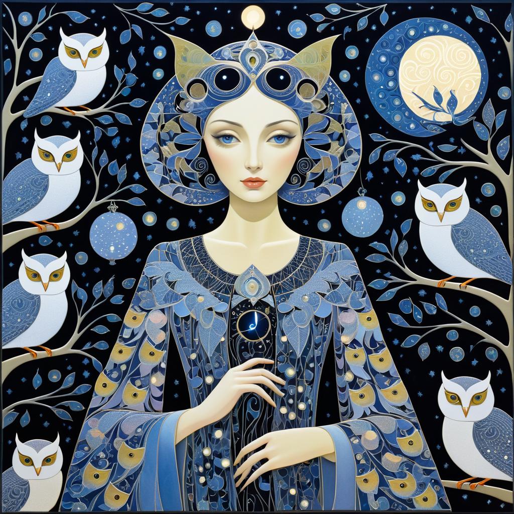 Night Girl Among Owls in Soft Colors