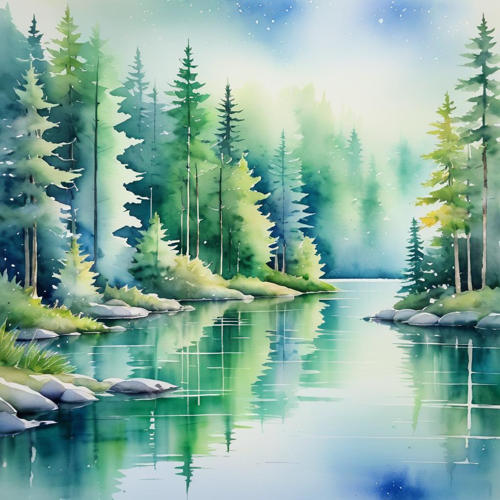 Serene Watercolor Lake and Forest Scene