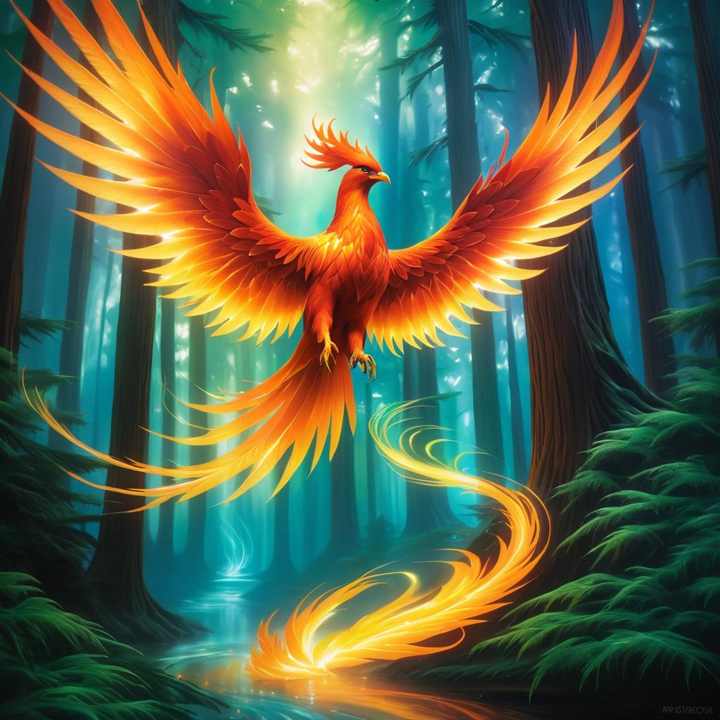 Elegant Phoenix Soaring Above Mystical Forest