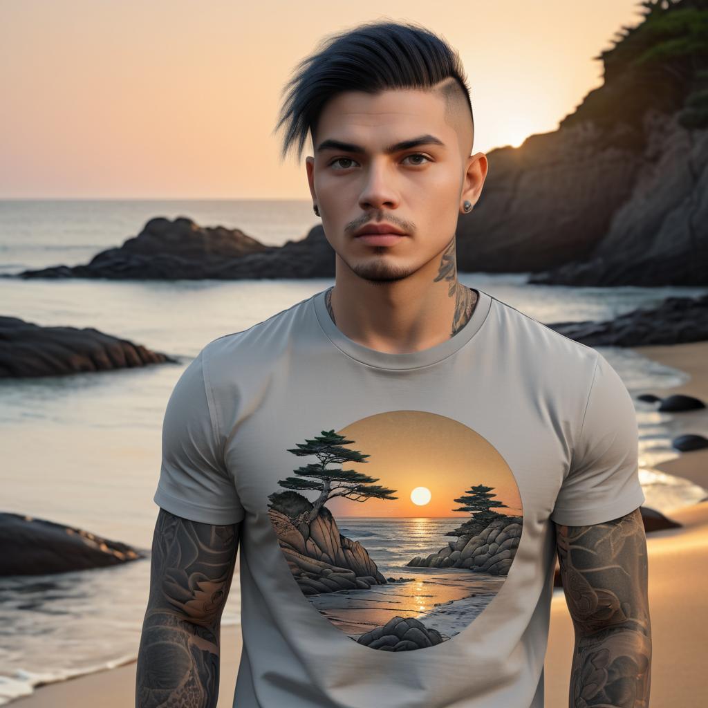 Tattooed Young Man at Sunset Beach