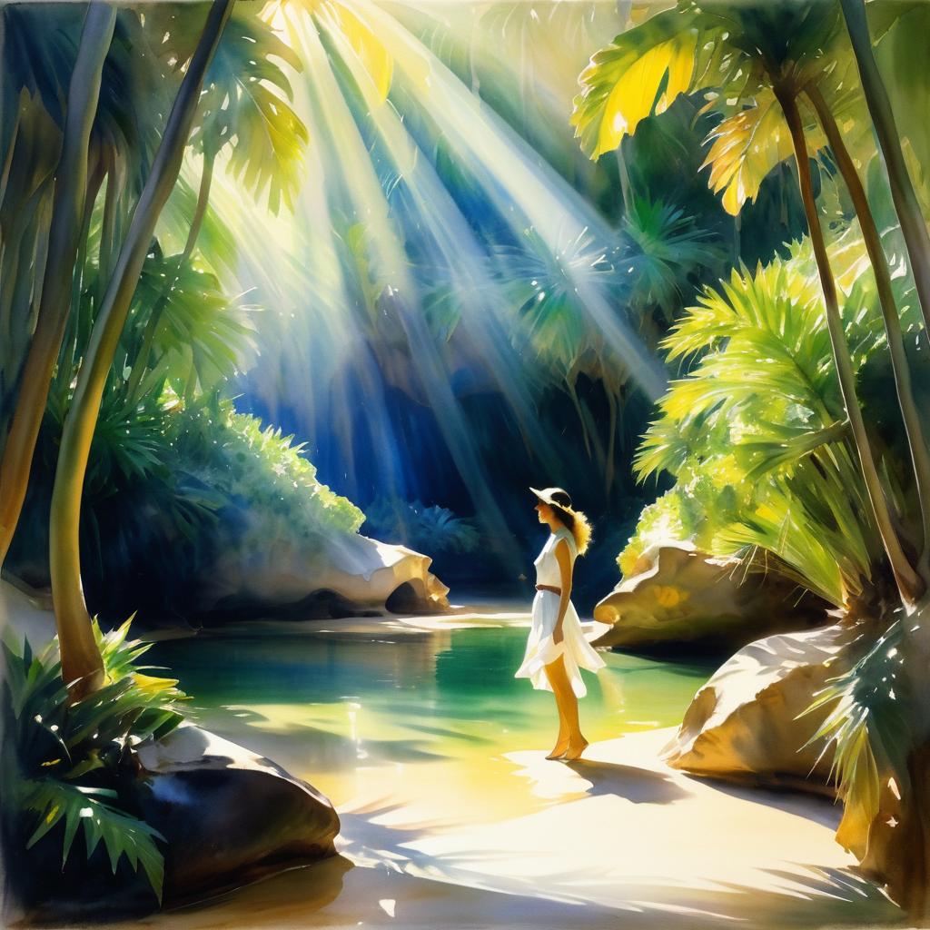 Tropical Cove: Young Woman in Watercolor