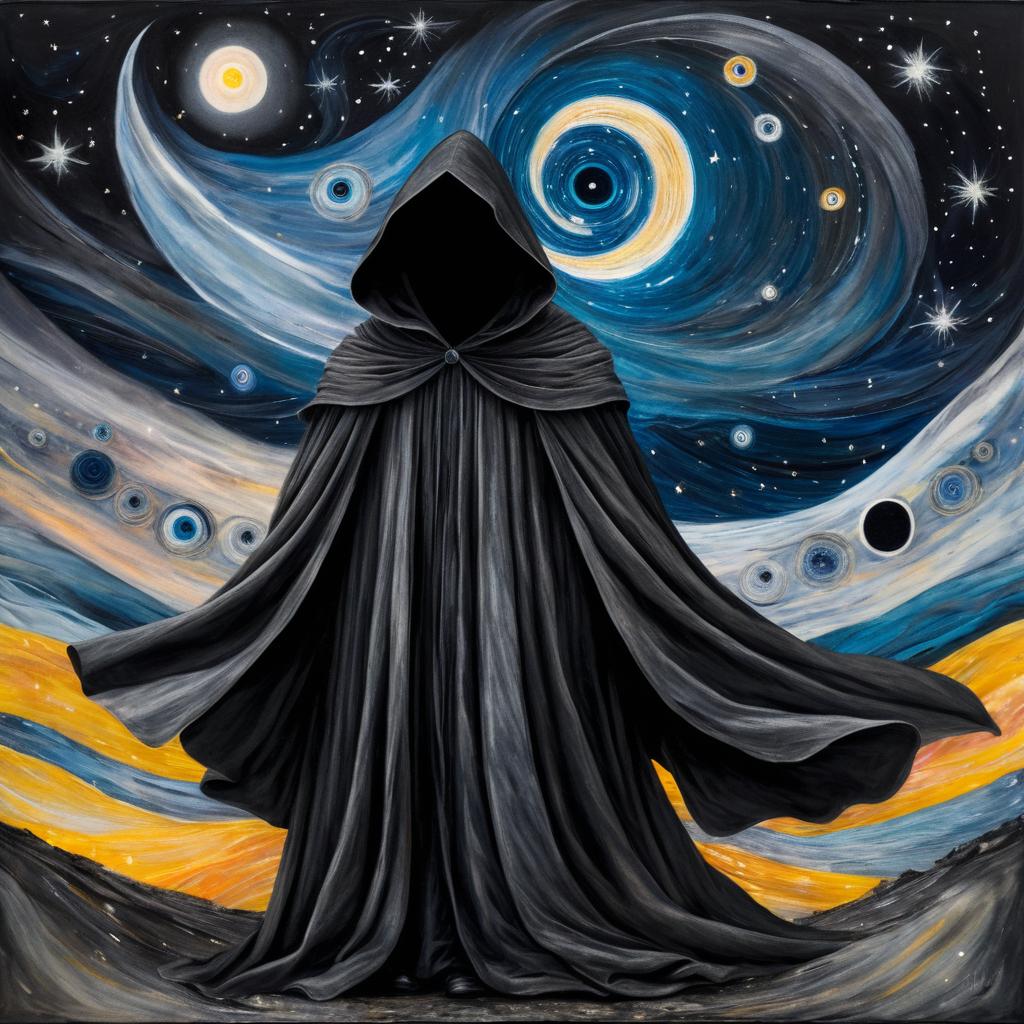 Surreal Cloaked Figure Under Starry Sky