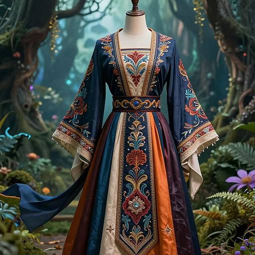 Photograph of an ornate, medieval-style dress with intricate floral embroidery, dark blue and orange fabric, displayed on a mannequin in a mystical
