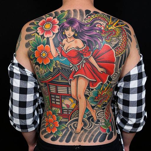 Vibrant back tattoo of anime-style woman with purple hair, red dress, flowers, and dragon, wearing checkered shirt, on tan skin.