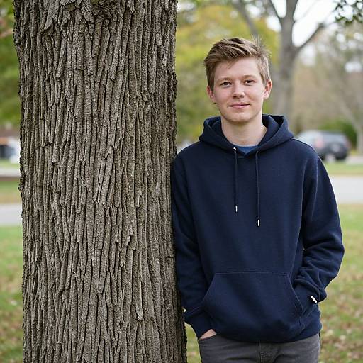 Boy Hugging Tree in Hoodie