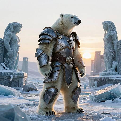Armored Polar Bear Exploring Arctic Ruins