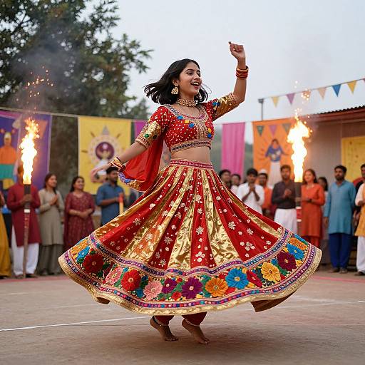 Photograph of a smiling Indian woman dancing in a vibrant red and gold traditional outfit with floral embroidery, surrounded by people and lit torches at an outdoor
