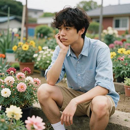 Thoughtful Young Man in Community Garden