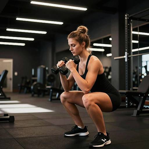 Fit Woman Squatting in Modern Gym