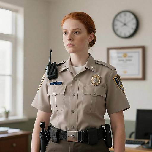 Red-Haired Female Officer in Bright Room