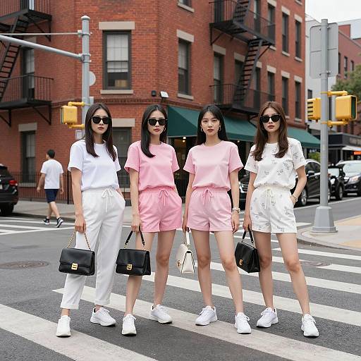 Four Women in Casual Streetwear at City Intersection