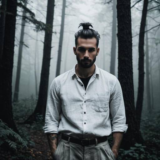 Man with Top Knot in Foggy Forest