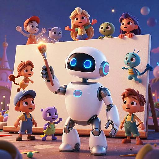CGI image of a white robot painting on a white wall with colorful, cartoon children watching, set in a whimsical, nighttime scene.