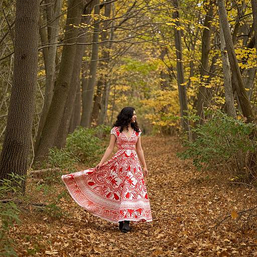 Woman in Vibrant Autumn Forest Dress