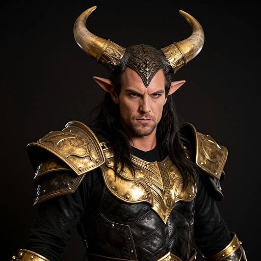 Photograph of a muscular, dark-haired male elf with gold horns, black leather and gold armor, and pointed ears, set against a black background.