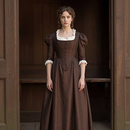 Photograph of a young woman with fair skin, dark curly hair, wearing a 19th-century brown dress with white lace trim, standing in a