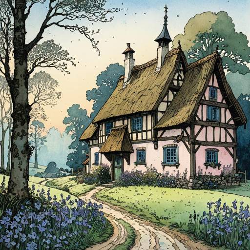 Cozy Dutch Flemish Medieval Cottage Illustration