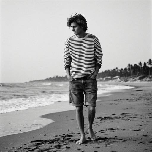 Young man walking barefoot on beach in striped pullover