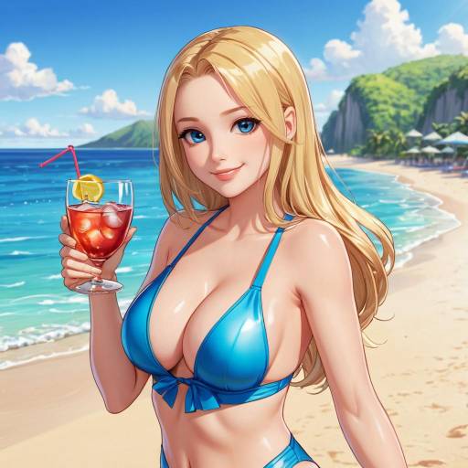 Woman in Blue Swimsuit Holding Orange Drink at Beach