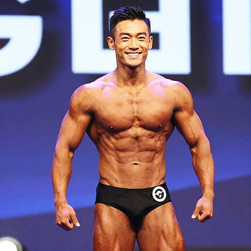 Photograph of a muscular Asian male bodybuilder, smiling, wearing black briefs with a white 