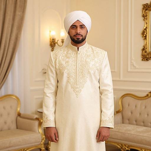 Photograph of a bearded South Asian man with medium skin tone, wearing a white traditional kurta and turban, standing in an elegant, orn