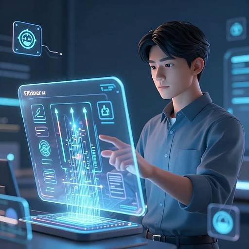 Photorealistic CGI of a young Asian man in a blue shirt interacting with a glowing, holographic touchscreen interface in a futuristic lab.