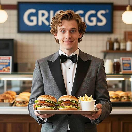 Man in Suit Holding Hamburgers