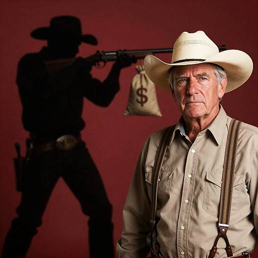 Serious Older Cowboy with Silhouette and Money Sack