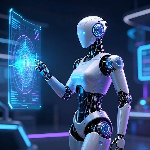 CGI image of a white, futuristic female humanoid robot with glowing blue accents, interacting with a holographic interface displaying a circular pattern in a dark,