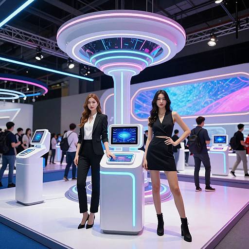 Photograph of two women in black business attire standing confidently in front of futuristic, neon-lit, space-themed kiosks at a tech exhibition.