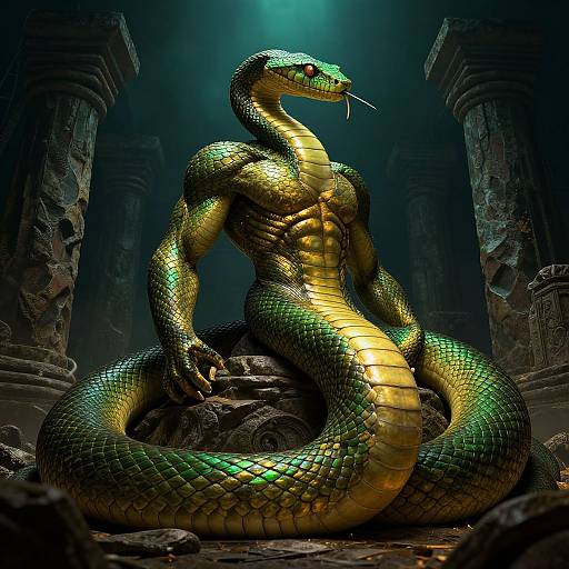 Digital CGI of a muscular, green and gold-scaled serpent with red eyes, coiled in a dark, ancient ruin with broken columns.