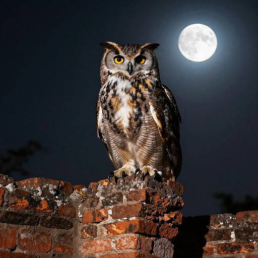 Photograph of a detailed, large owl with yellow eyes perched on a brick chimney against a dark night sky with a bright full moon.