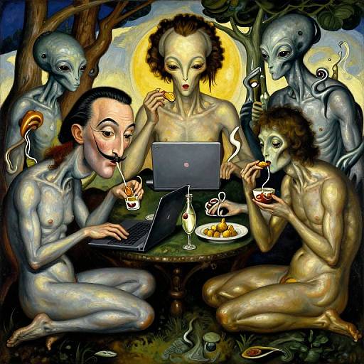 Surreal Baroque Scene with Aliens and Humans