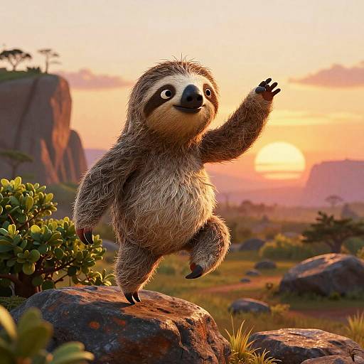 CGI image of a cute, fluffy sloth standing on a rock, waving with a sunset and rocky landscape in the background.