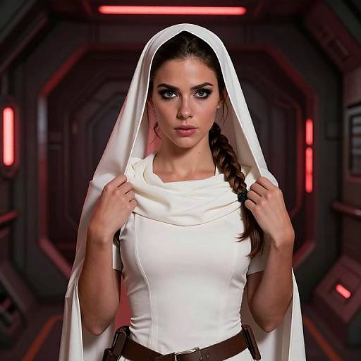 Woman in White Princess Leia Inspired Dress with Hood in Futuristic Corridor