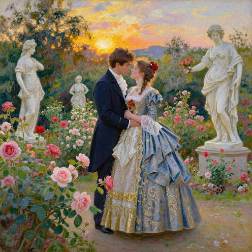 Romantic painting of a Victorian couple kissing in a lush garden at sunset, surrounded by roses and classical statues. Bright colors, detailed textures.