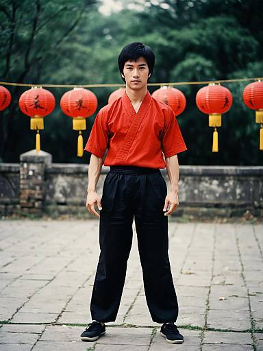 Young Martial Artist in Red Shirt with Lanterns