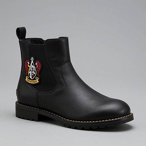 Photograph of a black leather ankle boot with a woven side panel, featuring a colorful embroidered crest with 