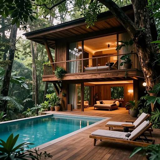 Photograph of a modern, two-story wooden house with a glass balcony, overlooking a turquoise pool, surrounded by lush tropical trees and plants, with white