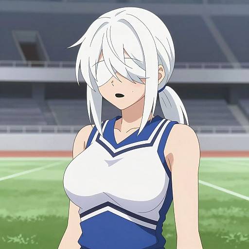 Anime-style digital drawing of a white-haired, busty female cheerleader with a blue and white uniform, standing in a blurred stadium.
