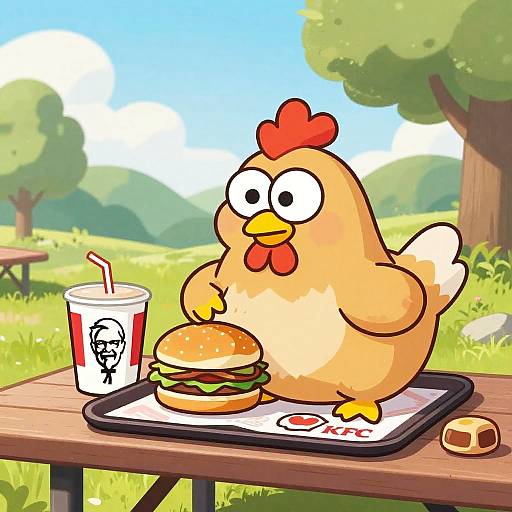 Playful Cartoon Chicken Eating KFC