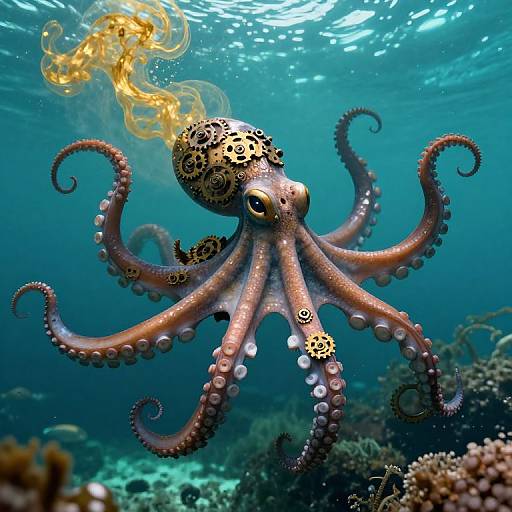 Photograph of a vibrant, patterned octopus with swirling tentacles, emitting a yellow cloud, floating above a coral reef underwater.