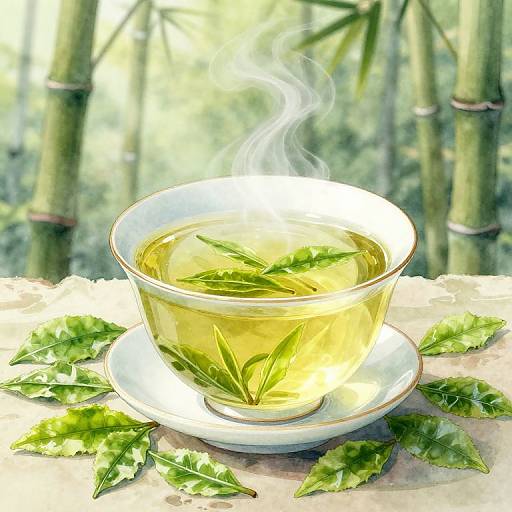 Photograph of a steaming cup of green tea with leaves, on a white saucer, surrounded by fresh green leaves, against a bamboo background.