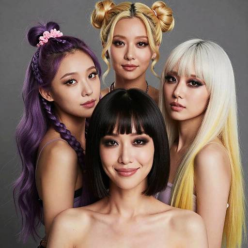 Photograph of four Asian women with diverse hairstyles (purple, blonde double buns, black bob, white blonde) standing close together, smiling against a
