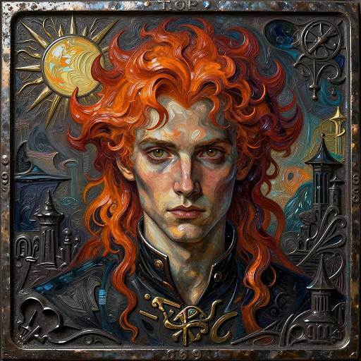 Digital artwork of a pale-skinned, red-haired man with intense eyes, wearing a dark, ornate cloak, surrounded by intricate, celestial patterns and