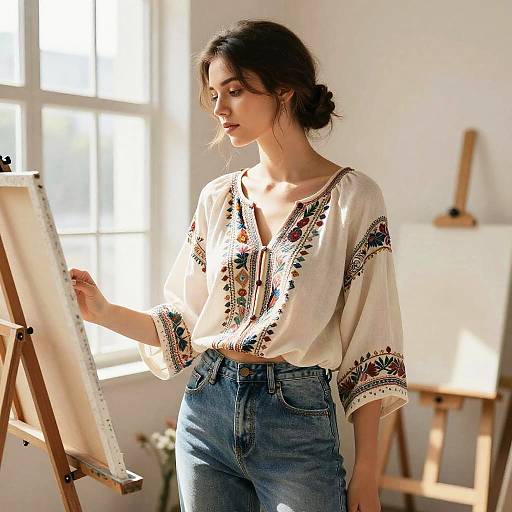 Female Artist with Low Bun Hairstyle Painting in Studio